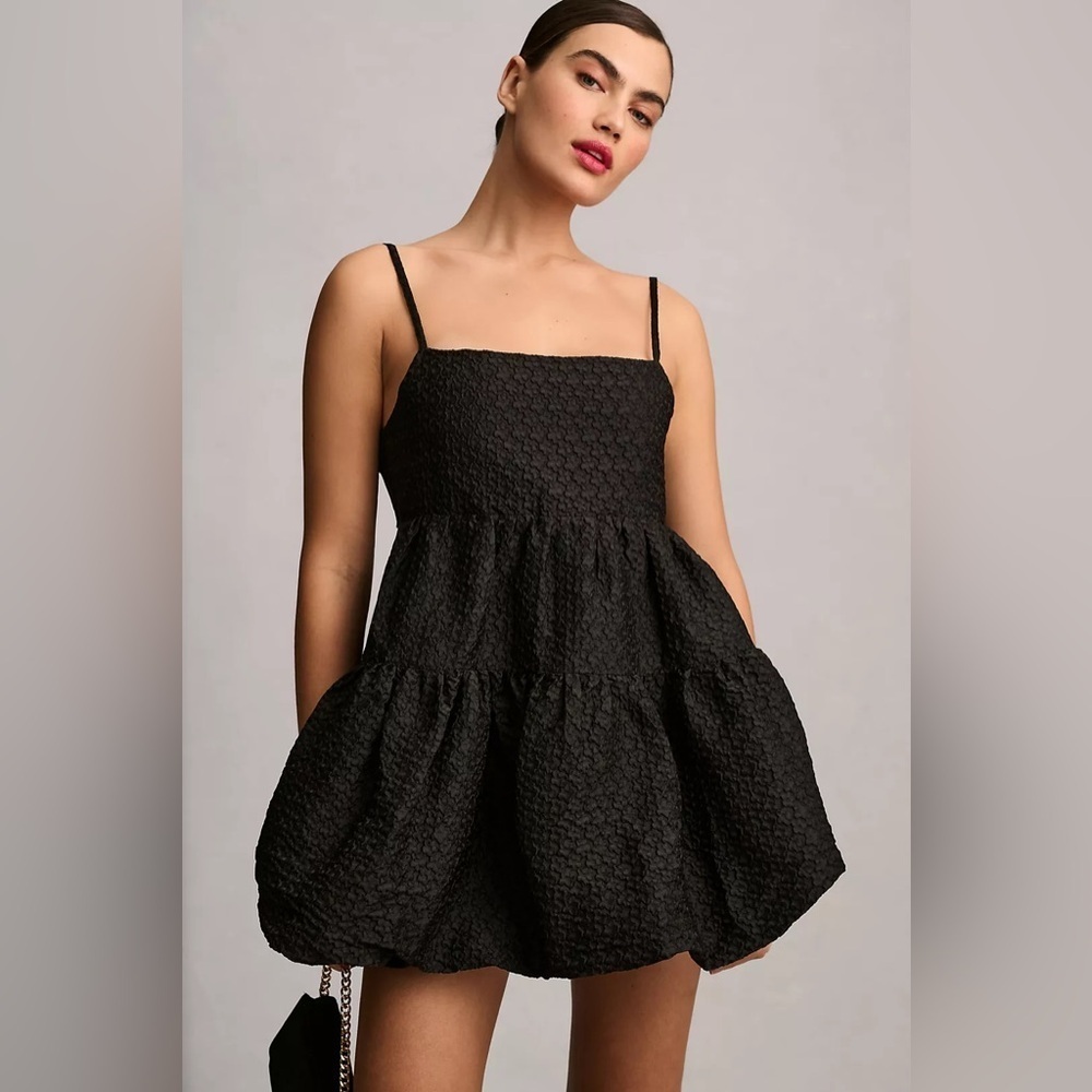 Aureta X Anthropologie Square Neck Buble Hem Black Mini Dress - Picture 2 of 9